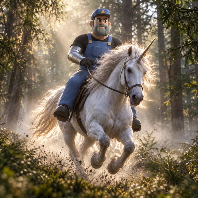 A 3D-rendered cartoon-style character with a beard, wearing blue overalls and a cap, gallantly riding a galloping white unicorn through a sunlit forest.