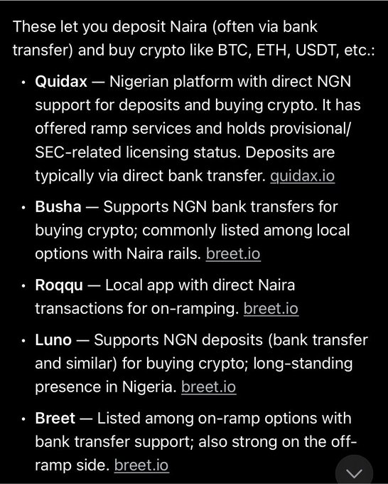 A screenshot of text listing cryptocurrency platforms accepting Naira deposits in Nigeria, including Quidax, Busha, Roqqu, Luno, and Breet with their respective URLs.