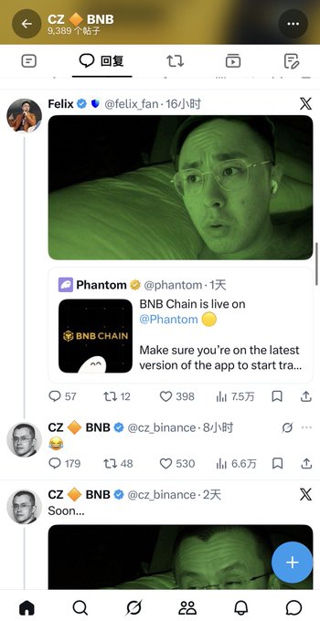 A Twitter/X thread shows CZ (@cz_binance), founder of BNB, sharing a selfie-style reaction image with the caption "Soon..." in response to Phantom wallet announcing BNB Chain support, with a previous reply from Felix (@felix_fan) featuring a meme-like image. The accompanying post humorously reflects on the difficulty of setting limit orders just right—too high and you miss, too low and you barely profit—paralleling the "uncertain timing" theme suggested by CZ's "Soon..." post.