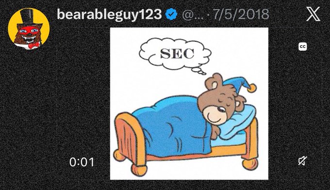 A screenshot of a tweet from user @bearableguy123 dated 7/5/2018 showing an illustration of a teddy bear sleeping in a bed with a thought bubble containing the text "SEC".