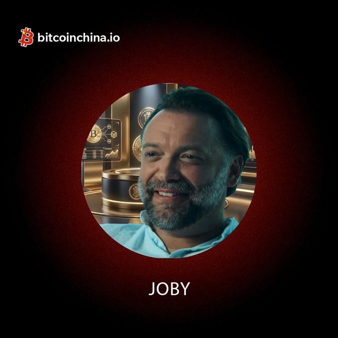 A profile graphic for "JOBY" on a bitcoin china.io background, showing a smiling bearded man in a circular frame with gold bitcoin imagery behind him.