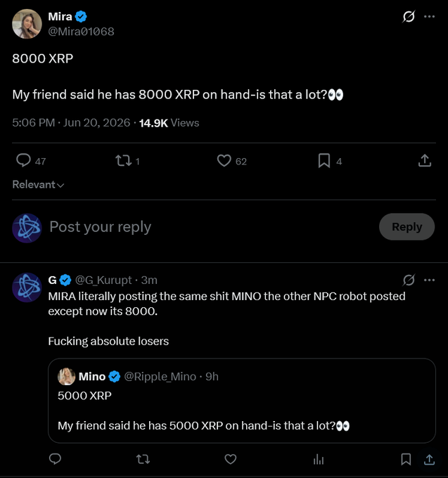 The image shows a Twitter conversation between two users, with one user named Mino and the other named G. The conversation revolves around a post made by Mino regarding another user's account. Mino wrote that she has 500 XP on hand, while G posted that he has 14,000 XP on hand. They are discussing whether or not to accept this offer of XP.