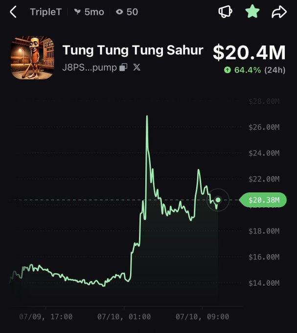 A crypto price chart for "Tung Tung Tung Sahur" ($TripleT) shows the token surging from around $14M to a peak near $26.4M before settling at $20.38M with a 64.4% 24h gain, confirming the overnight spike referenced in the post.
