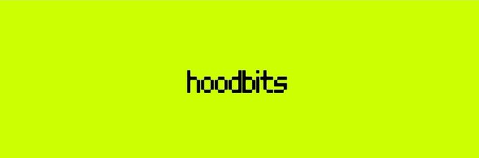 The image displays the word "hoodbits" in pixelated black text against a bright lime-green background, serving as a simple banner for the Hoodbits project. This visual likely represents branding for the giveaway mentioned in the post, which is offering 10 guaranteed spots for @Hoodbits_ via a Google Forms link.