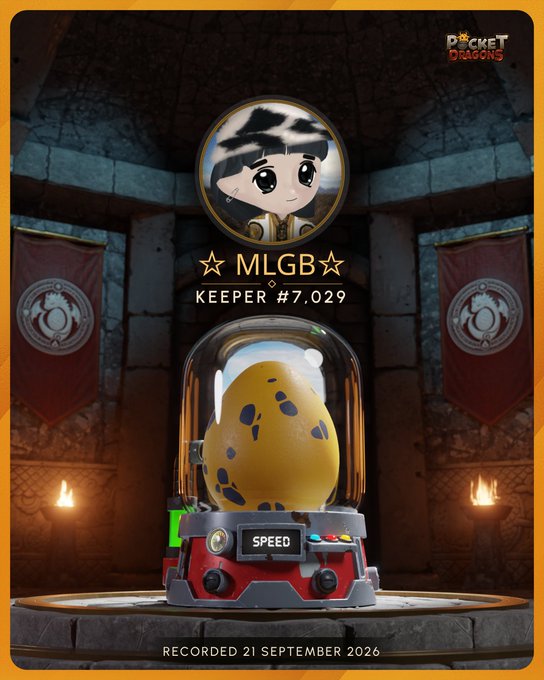 A Pocket Dragons NFT card showing 'MLB KEEPER #7.029' with a spotted egg in a 'SPEED' machine, recorded 21 September 2026.