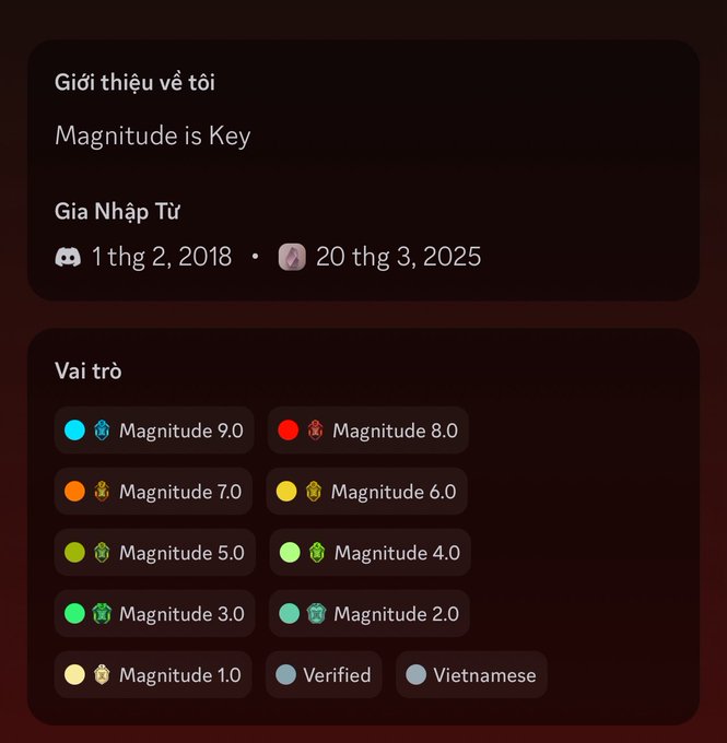 A Vietnamese-language Discord or app profile showing 'Magnitude is Key' with membership dates from '1 thg 2, 2018' to '20 thg 3, 2025' and various Magnitude role badges.