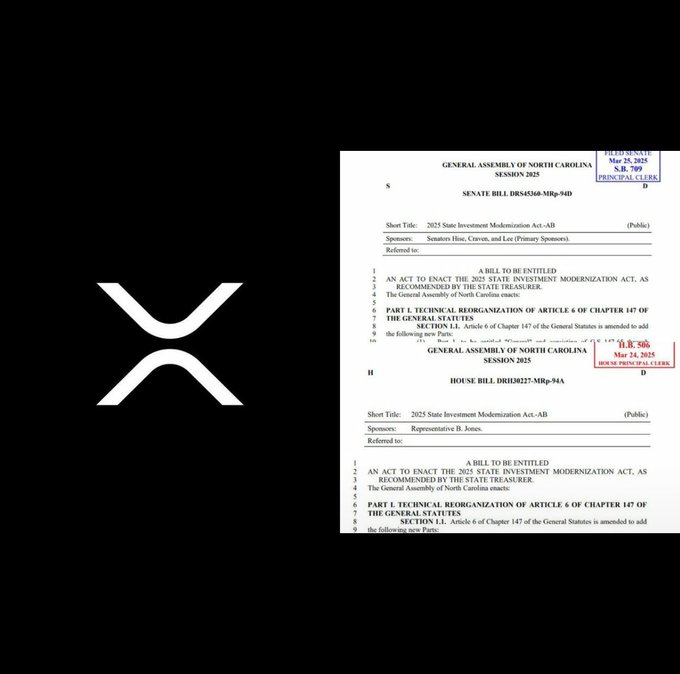 An image featuring the XRP logo on a black background next to excerpts from North Carolina General Assembly bills (S.B. 709 and H.B. 827) titled '2025 State Investment Modernization Act'.