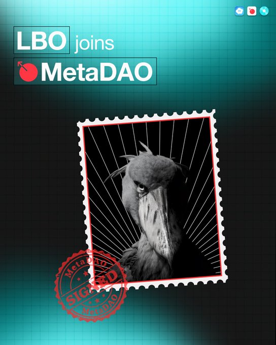 A graphic with teal grid background announcing 'LBO joins MetaDAO', featuring a black and white photo of a shoebill bird designed like a postage stamp with a red 'SIGNED' stamp overlay.