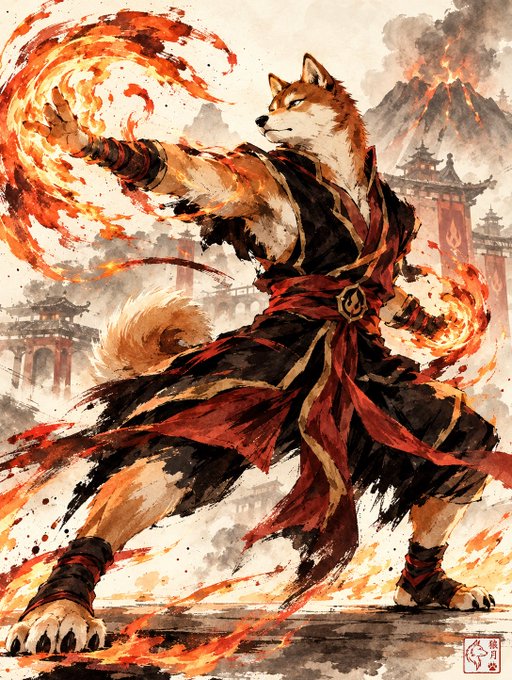 Ink-wash style artwork depicting a Shiba Inu dog dressed as a martial artist/fire mage wielding flames, standing in a powerful pose with East Asian architecture and an erupting volcano in the background.