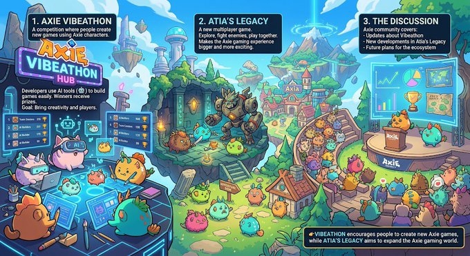 A colorful infographic illustrating the 'AXIE VIBEATHON HUB' ecosystem, featuring three sections: '1. AXIE VIBEATHON', '2. AXIA'S LEGACY', and '3. THE DISCUSSION', depicting various Axie characters and gaming concepts.