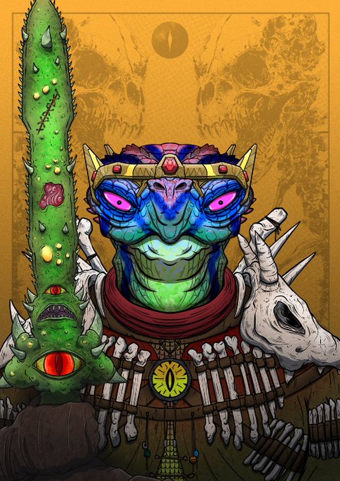 A vibrant fantasy illustration depicts a blue and green reptilian humanoid warrior wearing a jeweled crown, holding a spiked green sword with an eye embedded in it, and adorned with bones around its neck.