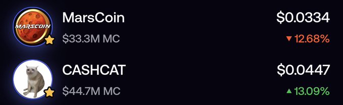 Two cryptocurrency tickers—MarsCoin at $0.0334 (down 12.68%, $33.3M market cap) and CASHCAT at $0.0447 (up 13.09%, $44.7M market cap)—are shown side by side, illustrating the contrasting short-term price movements the post references while framing both as long-term "holding" opportunities.