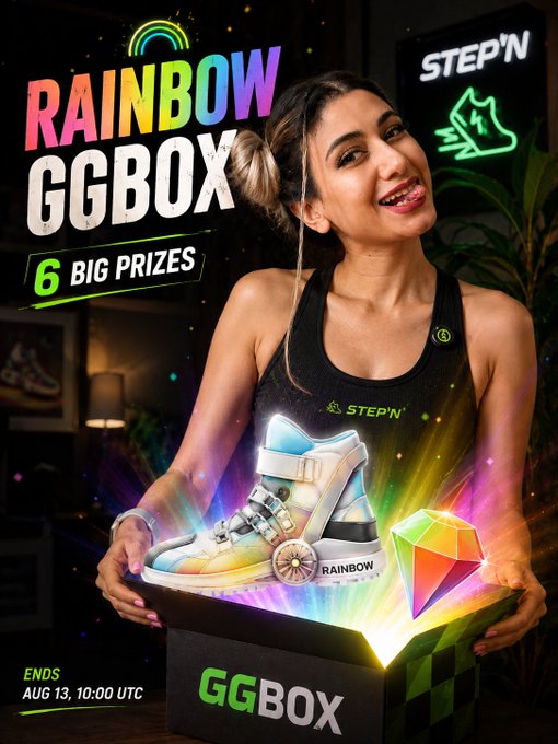 A promotional advertisement for 'STEP'N' featuring a smiling woman holding a 'GGBOX' with 'RAINBOW' sneakers, advertising 'RAINBOW GGBOX' with '6 BIG PRIZES' ending 'AUG 13, 10:00 UTC'.
