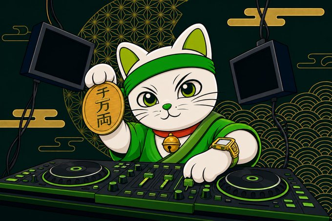 A cartoon illustration of a white cat DJ wearing a green headband and outfit, holding a gold coin with Chinese characters '千万两' (10 million ryo) while working a mixing deck.