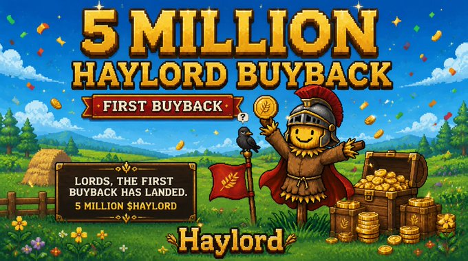 A pixel-art banner celebrating "5 MILLION HAYLORD BUYBACK - FIRST BUYBACK" with a scarecrow character holding a coin beside a treasure chest of gold, mirroring the post's announcement of sweeping 5,000,000 $HAYLORD off the open market at ~$200K market cap as the start of their buyback series.