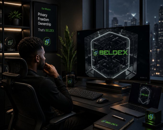 A promotional image of a man sitting at a desk with multiple screens displaying 'BELDEX', alongside a sign stating 'Our Mission: Privacy, Freedom, Ownership. That's BELDEX'.