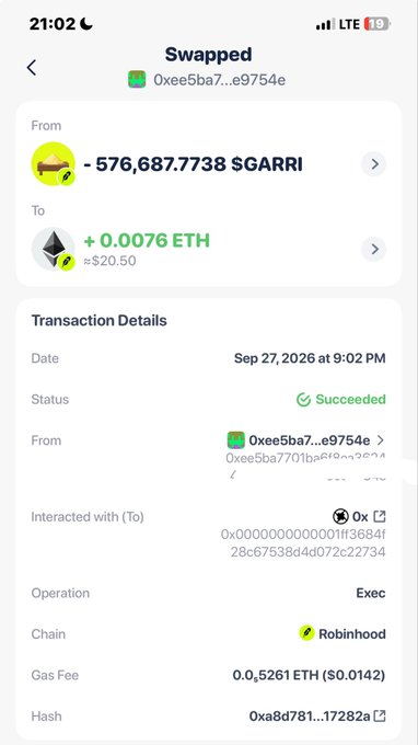 The image shows a successful swap transaction receipt confirming the exchange of 576,687.7738 $GARRI for +0.0076 ETH (~$20.50) on Robinhood chain, posted as proof of a 2x gain on the $GARRI trade.