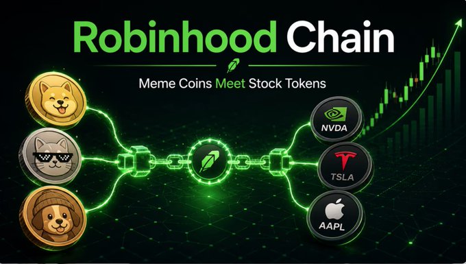 A promotional graphic for 'Robinhood Chain' with the tagline 'Meme Coins Meet Stock Tokens', showing connections between meme coins (Shiba, etc.) and stock tokens like NVDA, TSLA, and AAPL.