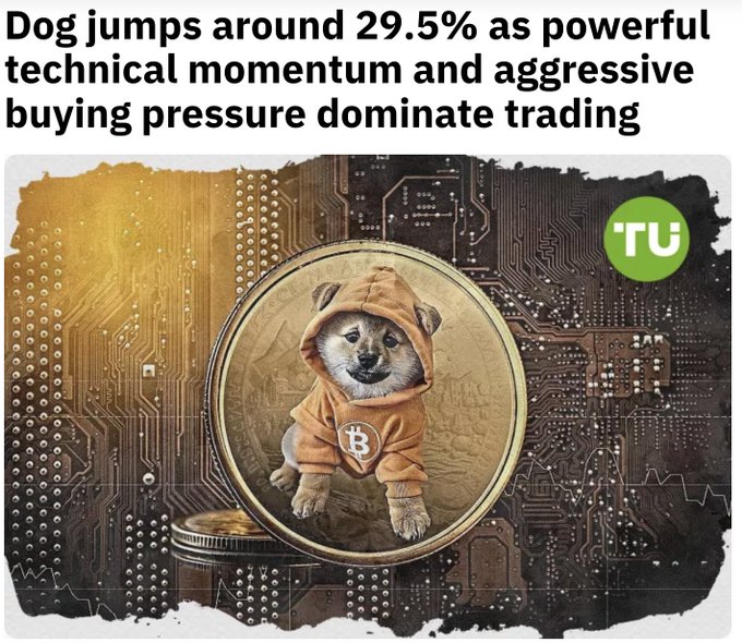 A news graphic with headline "Dog jumps around 29.5% as powerful technical momentum and aggressive buying pressure dominate trading" featuring a Shiba Inu dog wearing a Bitcoin hoodie on a circuit board background with a "TU" (The Uptrends) logo.