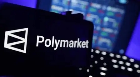 The image shows the Polymarket logo illuminated on a phone screen with a blurred trading chart in the background, visually representing the prediction market platform that South Korea's media regulator recently voted to block over gambling concerns related to its winner-take-all markets on politics, elections, sports, and weather events.
