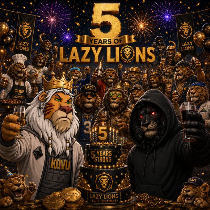 A vibrant 5-year anniversary celebration banner for the Lazy Lions NFT community features a majestic crowned lion alongside a red-eyed figure in a black hoodie, both raising glasses in front of a festively decorated cake reading "5 Years Strong" with "Lazy Lions Built Different" on the base—perfectly capturing the resilient, contrarian spirit of a project that has endured through the NFT market's bull and bear cycles. Fireworks, golden "5" numerals, and banners proclaiming "Years of Lazy Lions" frame a cheering crowd of lion characters, symbolizing the enduring community that remains "built different" after five years in the space.
