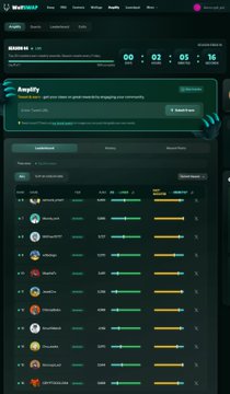 A screenshot of the BullxNeo cryptocurrency trading platform showing an 'Ampy' token promotion and a leaderboard list of various tokens with their market cap, liquidity, and volume statistics.
