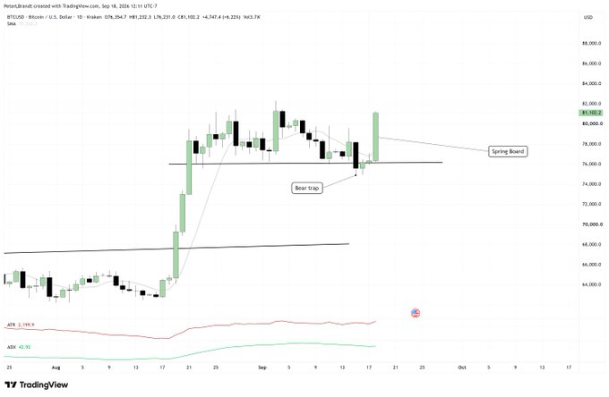 A TradingView candlestick chart for BTC/USD on the PeterBrand0 profile, showing a 'Bear trap' pattern and a 'Spring Board' level around the 74,000-76,000 price range.