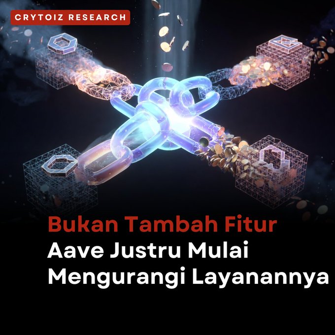 A graphic from 'CRYTOIZ RESEARCH' shows glowing 3D chains breaking apart with coins scattering, overlaid with text reading 'Bukan Tambah Fitur Aave Justru Mulai Mengurangi Layanannya'.