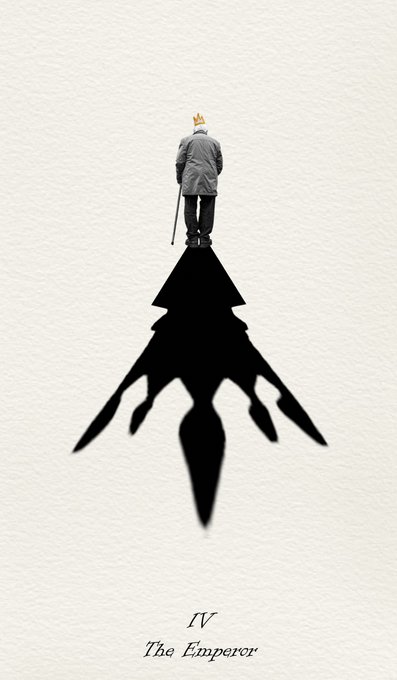 An illustration of a figure wearing a crown and holding a cane, casting a long shadow shaped like a rocket ship, labeled 'IV The Emperor' at the bottom.