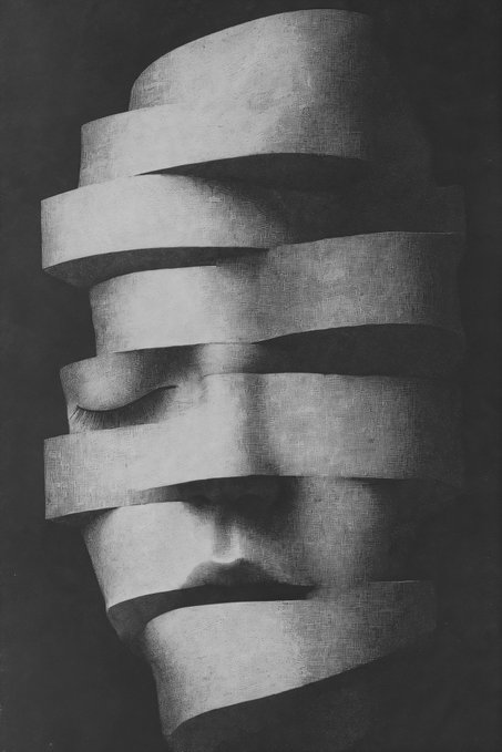 A black-and-white surrealist portrait of a face wrapped in horizontal bandages, revealing only the lower portion of the face including the nose, mouth, and chin.