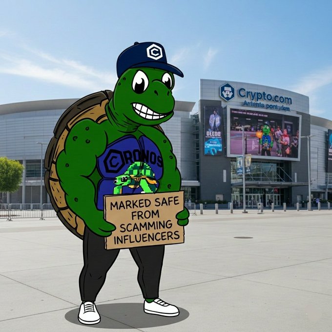Cartoon turtle mascot wearing a Chronos cap and shirt, holding a 'MARKED SAFE FROM SCAMMING INFLUENCERS' sign in front of the Crypto.com Arena.