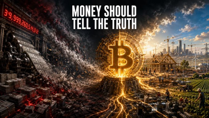 The image features a split scene with a crumbling, dark industrial wasteland on the left displaying a debt counter reading "$37,999,260,543.2," a glowing Bitcoin symbol at the center, and a bright, thriving construction site with workers and renewable energy on the right, beneath the bold text "MONEY SHOULD TELL THE TRUTH." The visual contrasts America's $40 trillion debt crisis—depicted as destruction and decay—with Bitcoin as the radiant bridge leading toward rebuilding and prosperity.