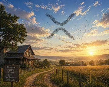 The image depicts a serene rural setting with a small house nestled among lush green fields under a vast blue sky dotted with fluffy clouds. The house appears to be part of an old farmhouse, which adds to the picturesque charm of the scene. The landscape is beautifully dotted with trees and grass throughout the area surrounding the house.

Several birds are flying around in various positions across the image, adding life and movement to the peaceful setting. In addition to the birds, there's a sign located near the house that reads "Baby Boomers spent $100,000 to buy a house worth $1 million. Millennials could have held $1 million worth of XRP for less than $10,000". The image presents an interesting juxtaposition between the traditional and rural environment with the modern digital currency market represented by XRP.