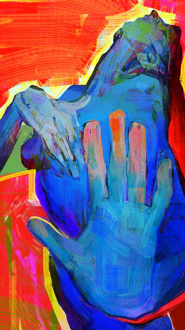 A vibrant, expressionist painting features a large blue hand against a bright red and yellow background, with a smaller blue hand figure emerging from its palm.
