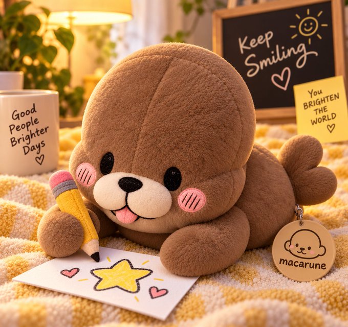 A plush brown seal-like stuffed animal holds a pencil next to a drawing of a yellow star and hearts, surrounded by encouraging notes reading 'Good People Brighter Days', 'Keep Smiling', and 'You BRIGHTEN THE WORLD', with a 'macarune' tag.