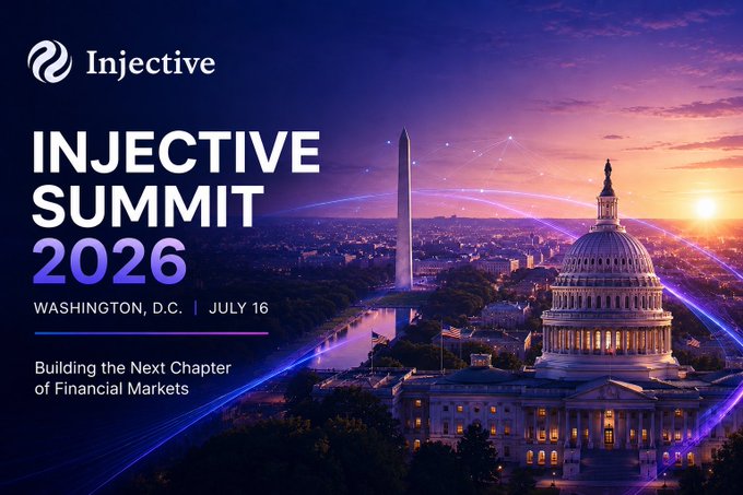 A promotional banner for 'INJECTIVE SUMMIT 2026' hosted by Injective, scheduled for July 16 in Washington, D.C., featuring the U.S. Capitol and Washington Monument against a sunset sky with the tagline 'Building the Next Chapter of Financial Markets'.