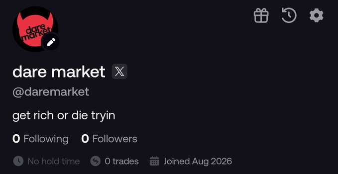 A profile page for "dare market" (@daremarket) on a trading platform displays the bio "get rich or die tryin," with 0 following, 0 followers, 0 trades, and a joined date of August 2026. The image appears to be promotional content supporting a "$250 bounty" giveaway campaign encouraging users to follow the @daremarket account as instructed by @fomo.