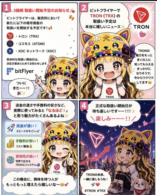 A 4-panel Japanese promotional comic featuring an anime girl in a TRON hat announcing bitFlyer's upcoming handling of TRON (TRX), Cosmos (ATOM), and XDC Network (XDC).