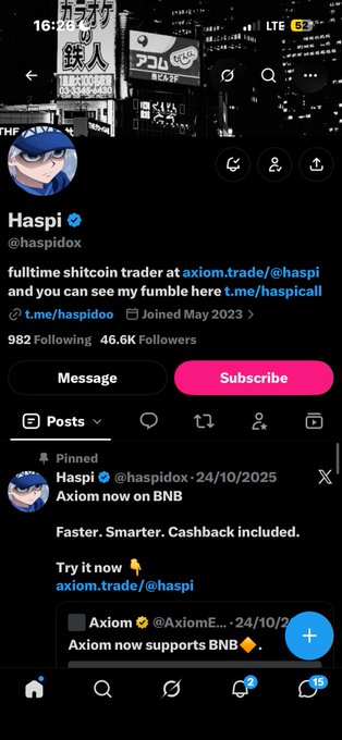 A Twitter/X profile for "Haspi" (@haspidox) describes him as a "fulltime shitcoin trader at axiom.trade/@haspi" and features a pinned post announcing "Axiom now on BNB".