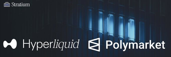 A promotional banner for Stratum featuring the Hyperliquid and Polymarket logos against a dark, futuristic background with illuminated blue server-like panels.