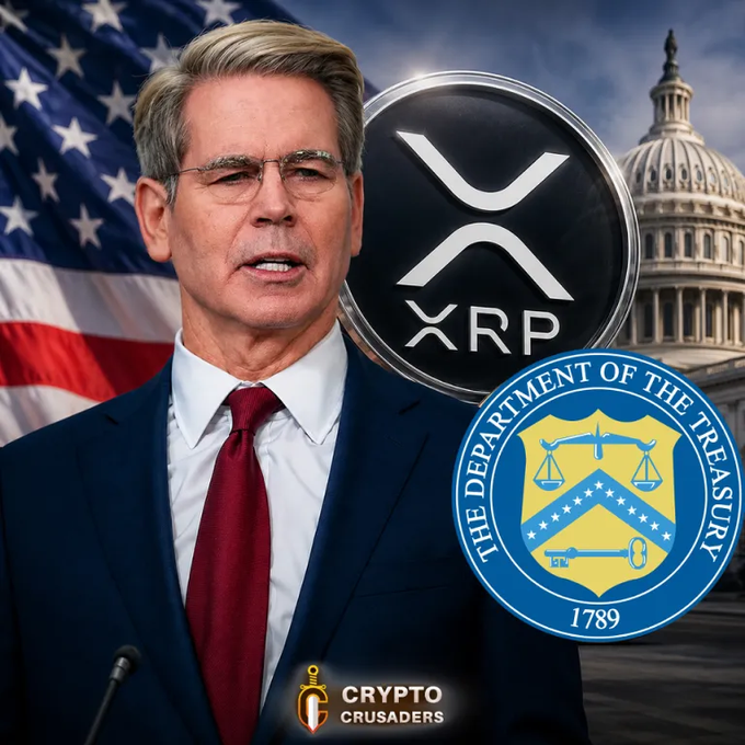 A man identified as Treasury Secretary Bessent speaks at a podium with the U.S. Capitol and American flag behind him, alongside the XRP logo and the Department of the Treasury seal, visually reinforcing the post's claim about a bullish "green light" for crypto and $XRP under the stablecoin Genius Act framework.
