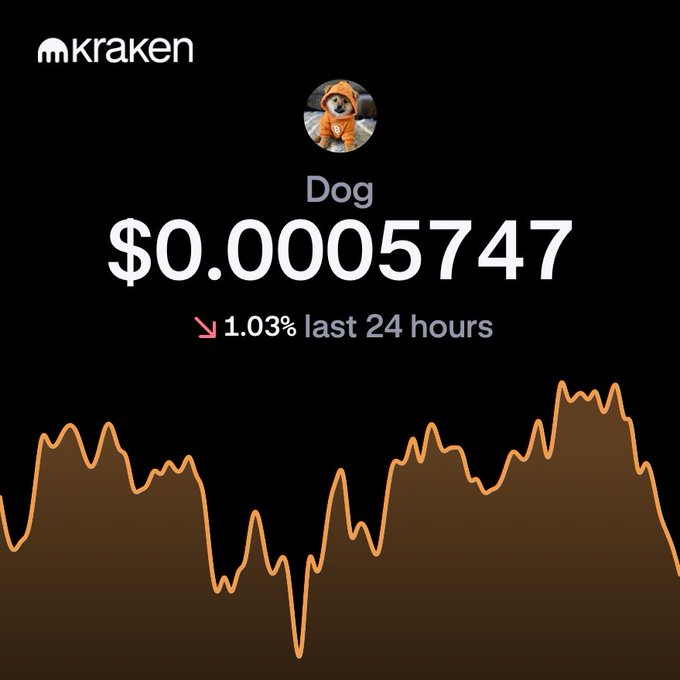 A Kraken price chart displays "Dog" (DOG) at $0.00005747, down 1.03% in the last 24 hours, illustrating the current low price that would require $575 to become a DOG millionaire on the path to $1.