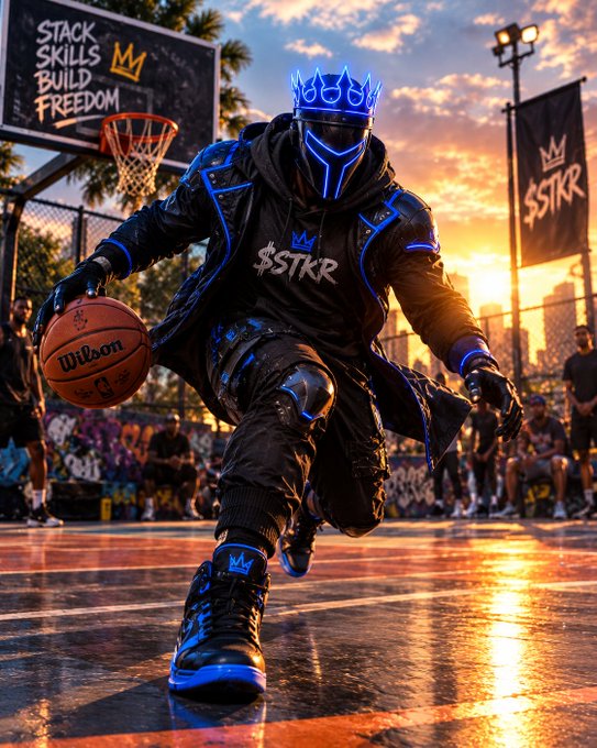A futuristic basketball player wearing a glowing blue neon crown and mask, dressed in black gear, dribbling a Wilson basketball on an outdoor court at sunset with '$STKR' branding visible.