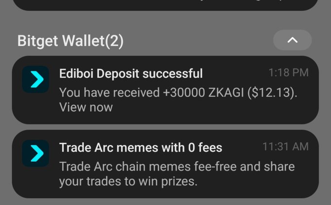 A Bitget Wallet notification shows 'Ediboi Deposit successful' with a receipt of +30000 ZKAGI ($12.13) at 1:18 PM, along with a promotion to 'Trade Arc memes with 0 fees'.