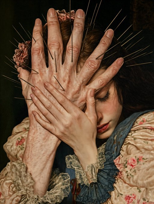A surreal, highly detailed illustration of a sleeping woman whose face is covered by multiple hands pierced with numerous long needles.