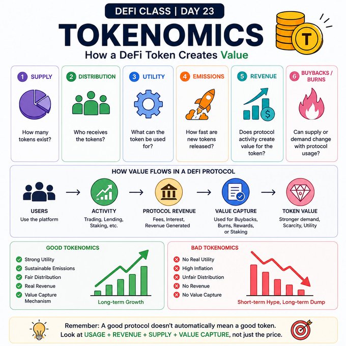 An infographic titled 'DeFi Class | Day 23: Tokenomics - How a DeFi Token Creates Value' illustrating six components (Supply, Distribution, Utility, Emissions, Revenue, Buybacks/Burns) and contrasting good vs. bad tokenomics.