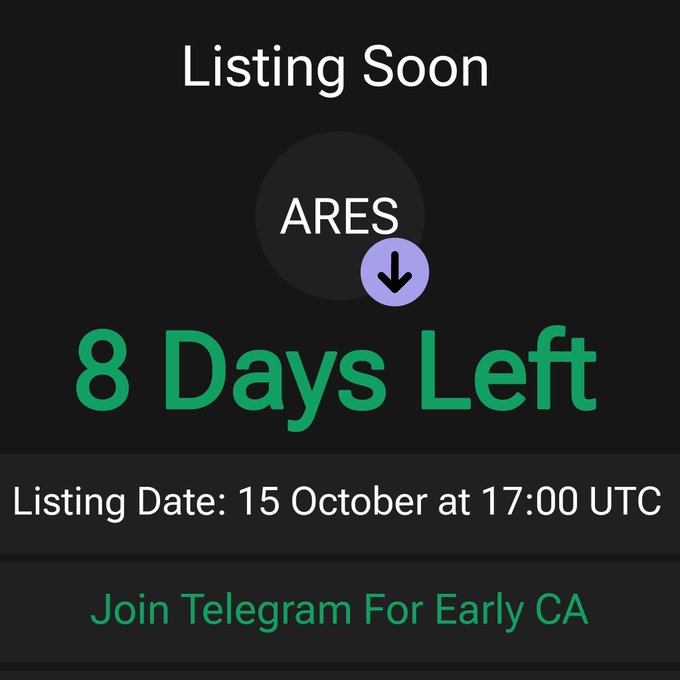 A promotional graphic announcing an "ARES" token listing in 8 days, scheduled for October 15th at 17:00 UTC, directing viewers to a Telegram channel for early coin allocation—aligning with a Solana airdrop campaign offering drops to the first 333 wallets.