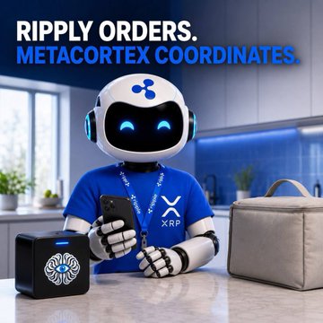 A cute robot mascot wearing a Ripple/XRP shirt holds a phone next to a smart speaker and delivery bag, with the headline "RIPPPLY ORDERS. METACORTEX COORDINATES." — visually representing MetaCortex's AI-powered autonomous commerce vision built on Ripple's XRPL AI Starter Kit using $XRP and $RLUSD.