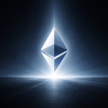 A 3D rendering of the Ethereum logo (a diamond-shaped symbol made of two pyramids) illuminated with a bright glow against a dark background.