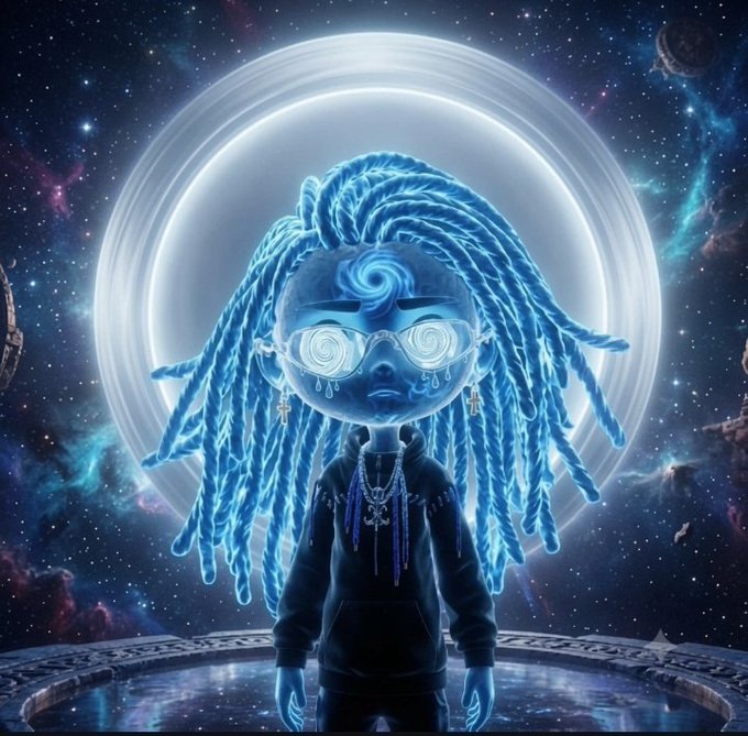 A digital artwork of a blue, ethereal figure with glowing dreadlocks and spiral glasses standing before a planetary ring in a cosmic, starry background.